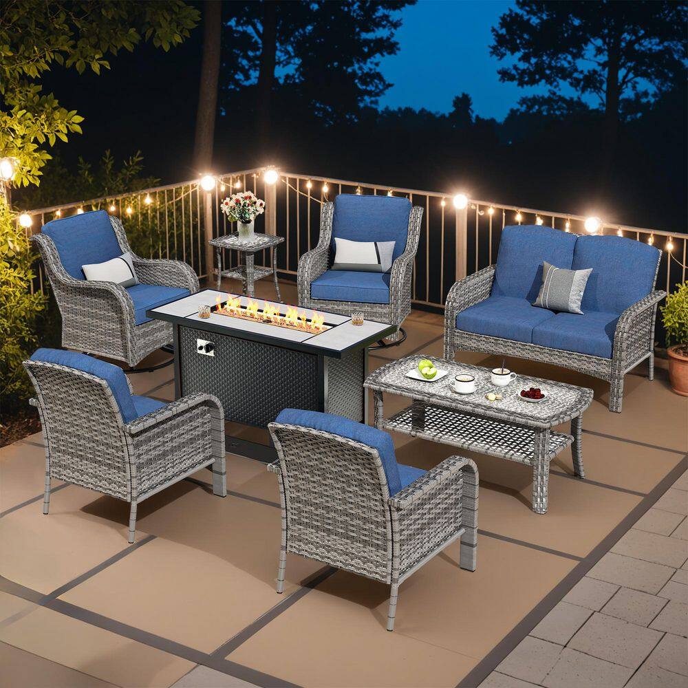 Mejy Gray 8-Piece Wicker Patio 54 in. Rectangle Fire Pit Conversation Set with Denim Blue Cushions and Swivel Chairs price history on PriceWatchPro