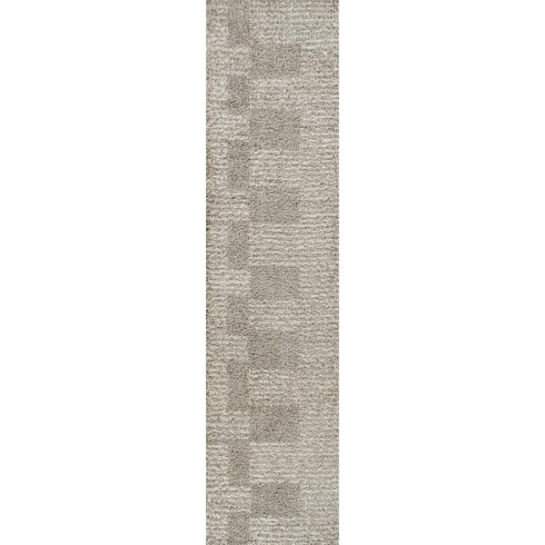 Petra Abstract Stripe Geometric Shag Gray/Ivory 2 ft. x 8 ft. Runner Rug