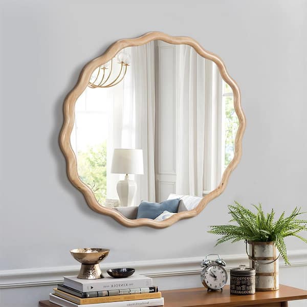 Natural Wood 35.6 in. W x 35.6 in. H Art Deco Round Solid Wood Framed Mirror Wall Mirror Wall Decor Mirror