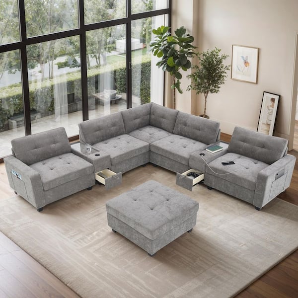 Boyel Living 6 Seat Gray Chenille U Shaped Sectional Sofa with Two Consoles USB Charger Acrylic Table Top