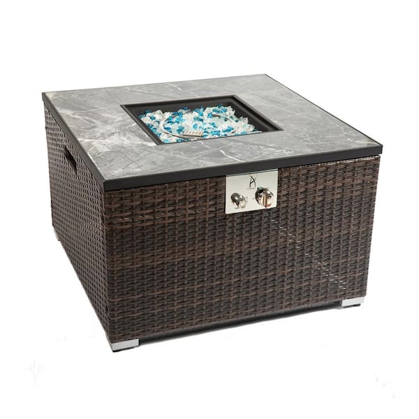 Tidoin 32 in. Brown 4,0000 BTU Square Wicker Outdoor Fire Pit Table with Black Lid and Beige Cover