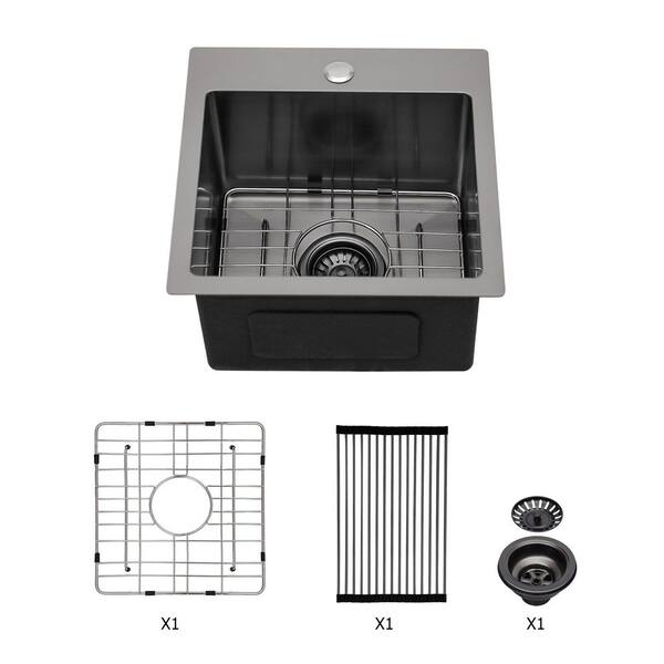 15 in. Drop-In Single Bowl 16 Gauge Black Stainless Steel Kitchen Sink and Bottom Grids