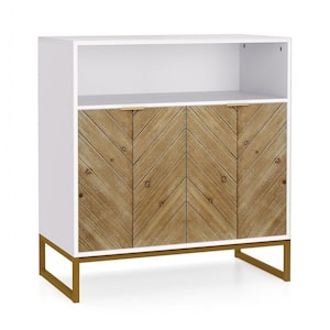 Buffet Sideboard Storage Cabinet White Kitchen Cupboard Console Table with 2 Herringbone Pattern Doors and Open Shelf