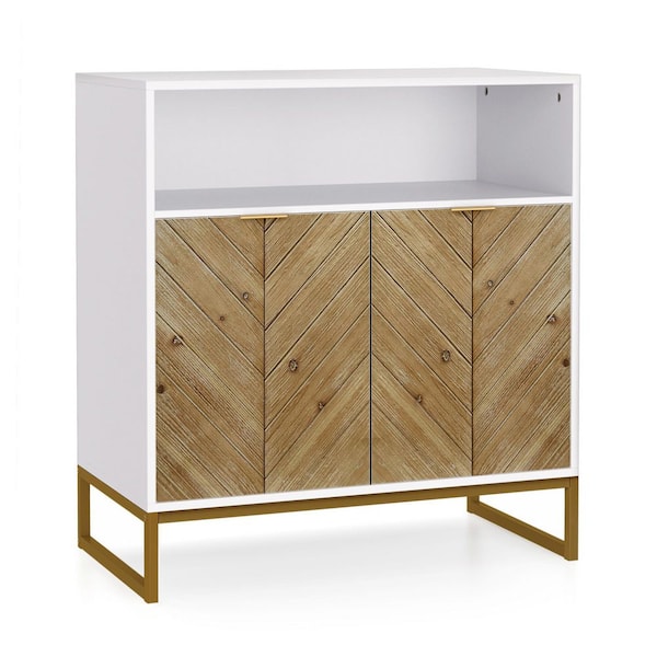 Aupodin Buffet Sideboard Storage Cabinet White Kitchen Cupboard Console Table with 2 Herringbone Pattern Doors and Open Shelf