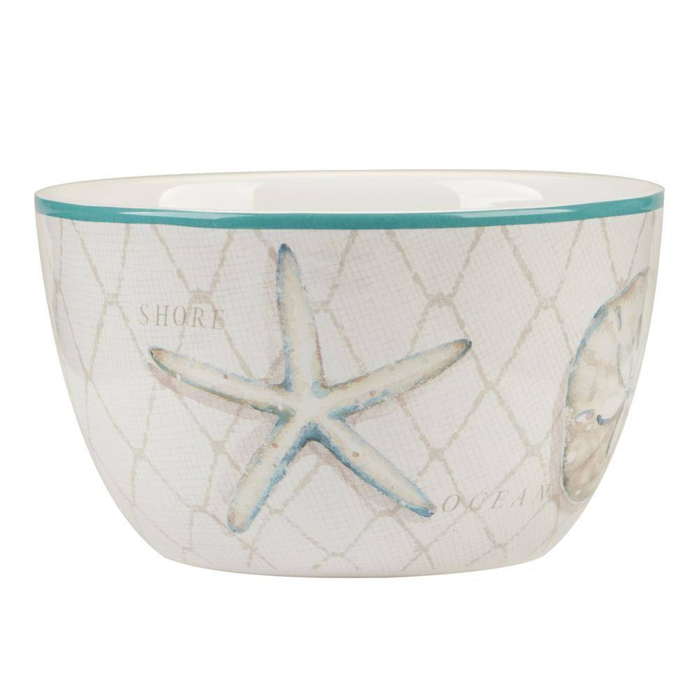 Ocean View Teal and Cream Ceramic Dessert Bowls, Set of 4