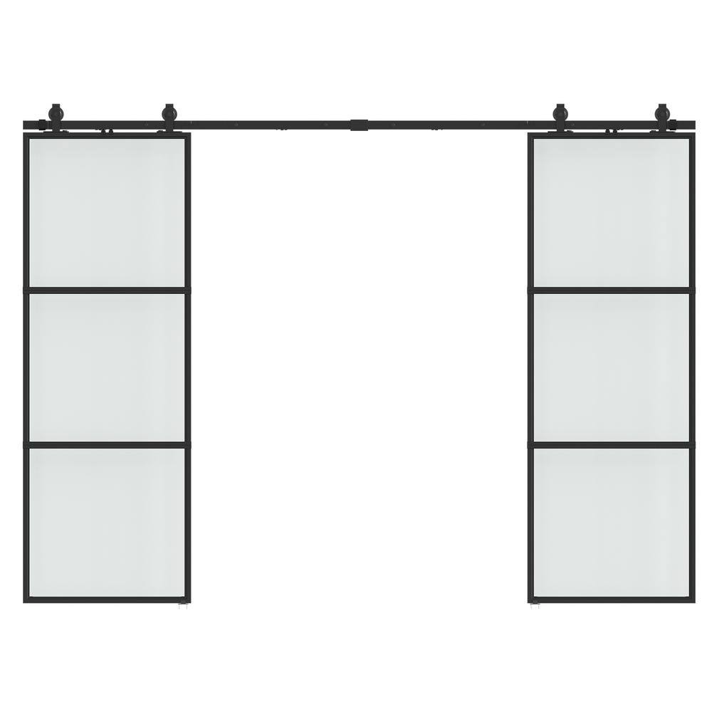 60 in. x 84 in. Full-lite Frosted Glass Black Metal Frame Double Sliding Ba