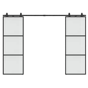 60 in. x 84 in. Full-lite Frosted Glass Black Metal Frame Double Sliding Barn Door with Hardware Kit and Soft-close