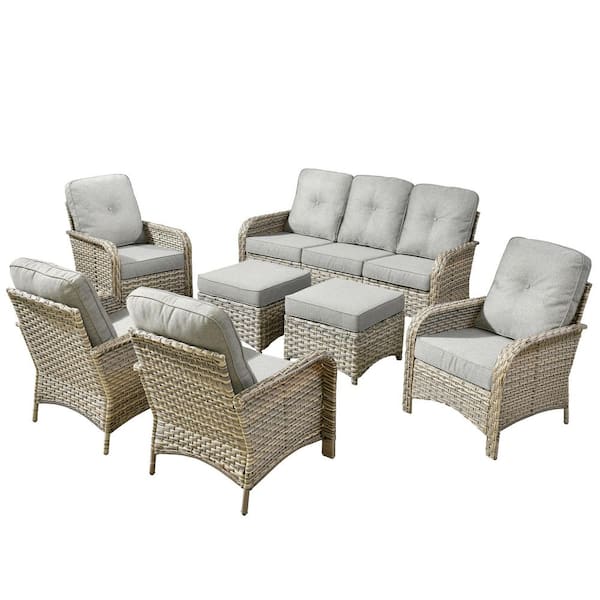 Beverly Gray 7-Piece Wicker Outdoor Patio Conversation Sofa Seating Set with Ottomans and Dark Gray Cushions