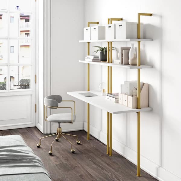 Nathan James Theo 73 In. White Wood And Gold Brass Metal 2-Shelf Wall-Mount  Ladder Writing Desk Table Small Computer Table Bookcase 66002 - The Home  Depot