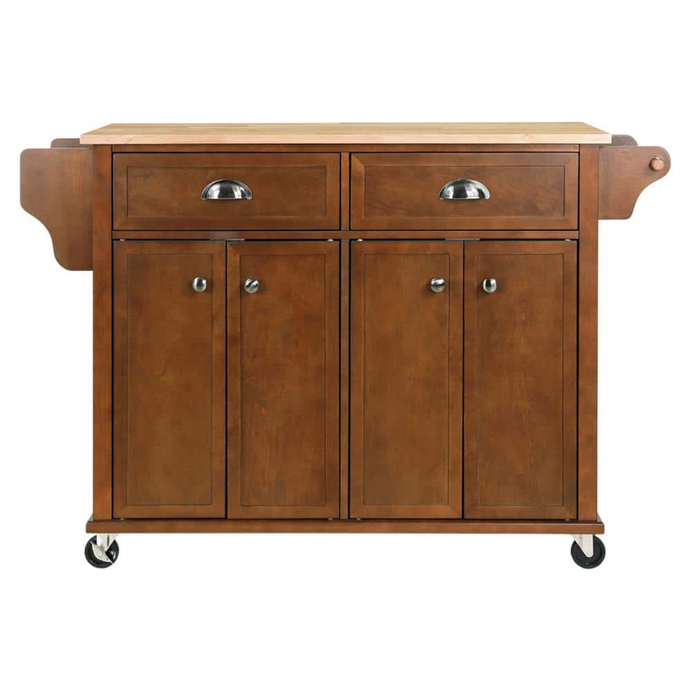 White Wood 52  in.. Kitchen Island with Storage Shelves, Rubber Wood Top, Adjustable Storage Shelves, 5-Wheels