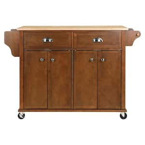 Mahogany Wood 52  in.. Kitchen Island with Storage Shelves, Rubber Wood Top, Adjustable Storage Shelves, 5-Wheels