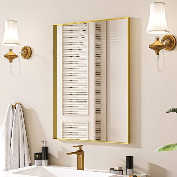 22 in. W x 30 in. H Rectangular Aluminum Framed Wall Bathroom Vanity Mirror in Brushed Gold