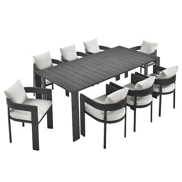 Tahoe Gray 9-Piece Powder-Coated Aluminum Outdoor Dining Set with White Cushions
