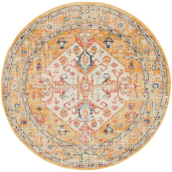 Nourison Passion Ivory/Yellow 4 ft. x 4 ft. Persian Medallion Transitional Round Area Rug