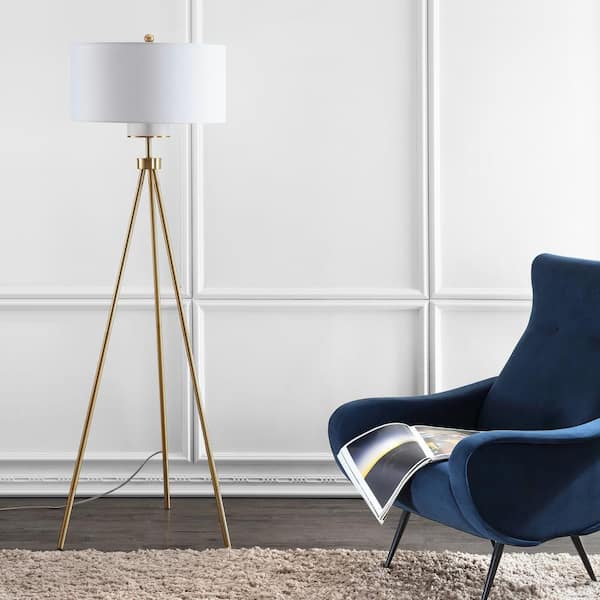 Enrica 66 in. Brass/Gold Triangle Floor Lamp with Off-White Shade