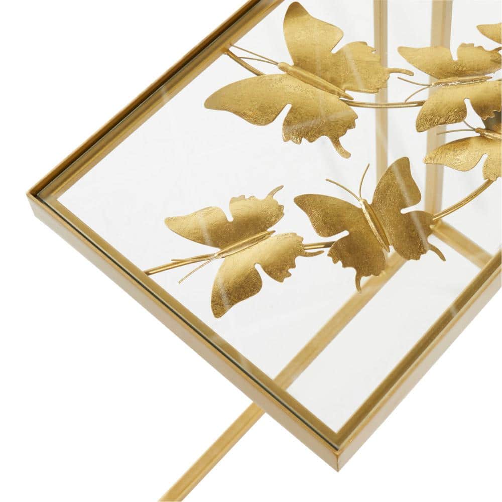 Elegant Gold Metal and Clear Glass C-Shaped Accent Table