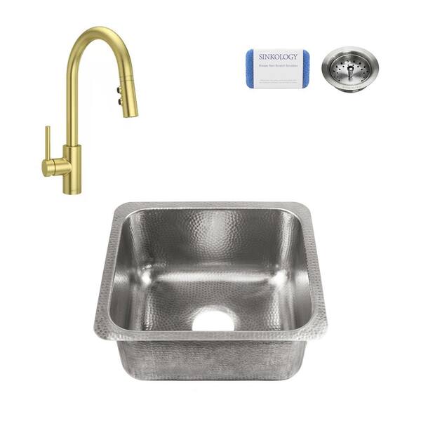 SINKOLOGY Wilson Undermount Stainless Steel 17 in. Single Bowl Bar Prep Sink with Pfister Faucet and Drain in Satin Gold