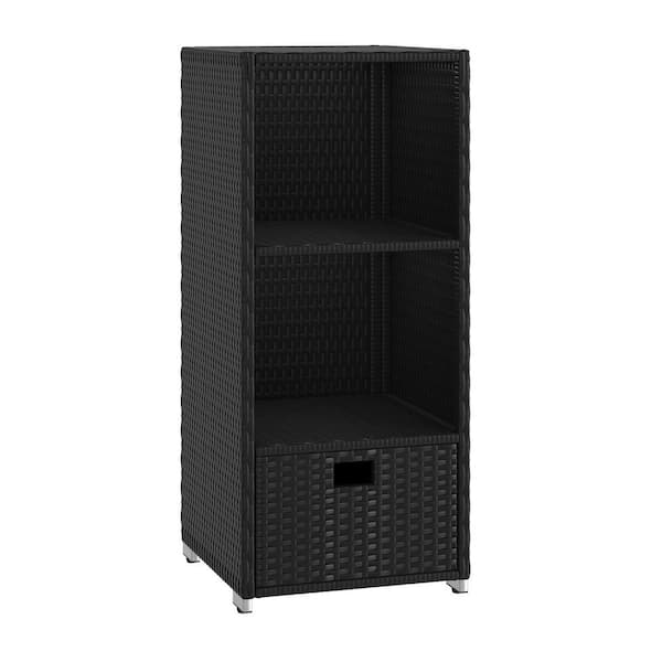 90 Gal. 45 in. Black Poolside Steel Frame Plastic Rattan Patio Cabinet with Drawer, 2-Shelves Deck Box