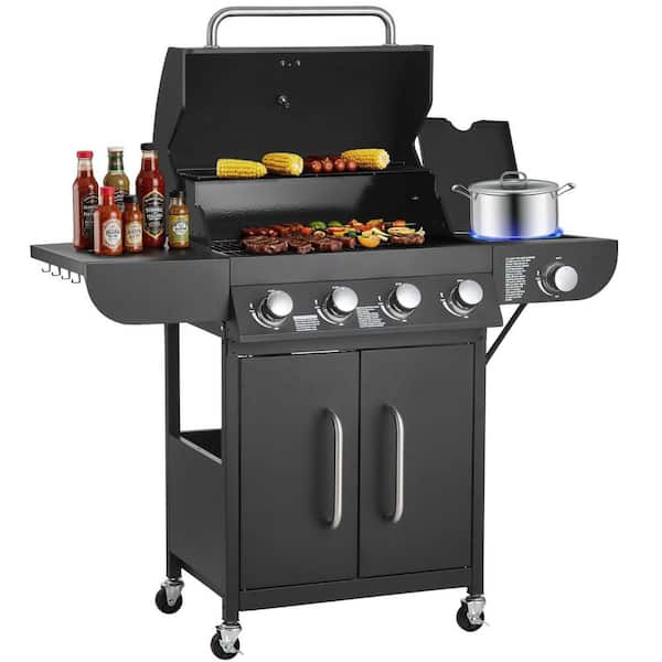 Gas Grill, Portable, Propane and Grill in Black with Side Burner, 425 SQ. In., Carbon Steel Enamel Grates