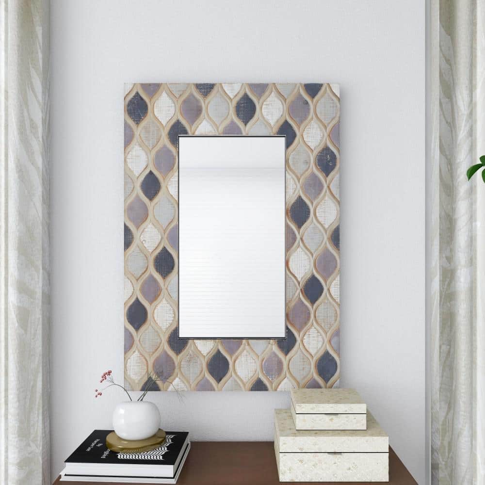 Beige Farmhouse Wood Wall Mirror with Diamond Pattern 28" x 40"