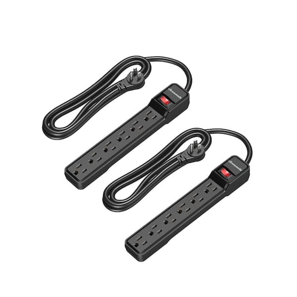 6 ft. 6-Outlet Power Strip Surge Protector, 500 J in Black (2-Pack)