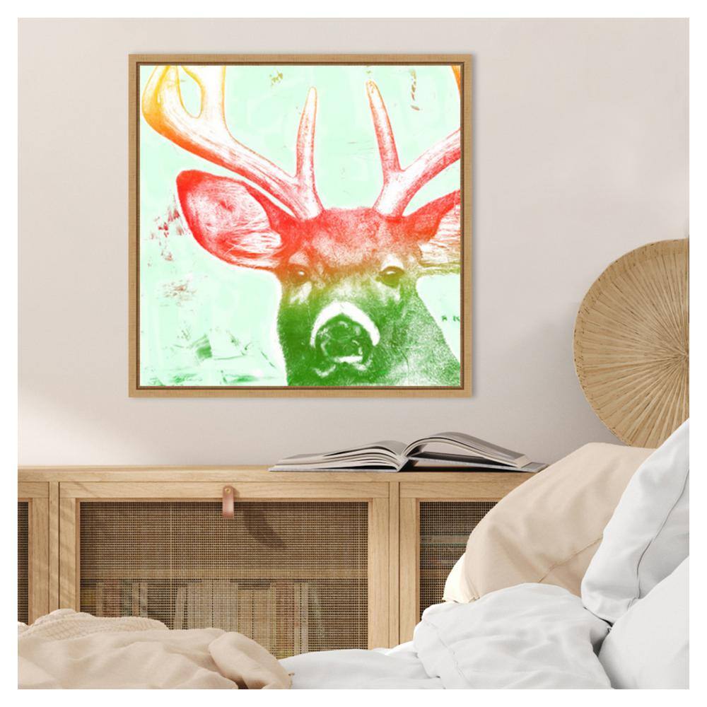 22"x22" Colorful Deer Portrait on Canvas with Maple Frame