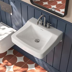 19-1/4 in. Ceramic Rectangular Wall-Mounted Bathroom Vessel Sink with Faucet Holes in White
