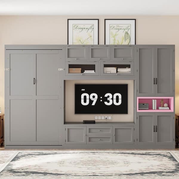 Hamood Gray Wood Frame Twin Size Murphy Bed with TV Stand, 2 Drawers, Shelves and Cabinets