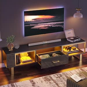 70 in. High Gloss TV Stand for TVs Up to 80 in. Modern Entertainment Center with Open Storage and Drawer Black and Gold
