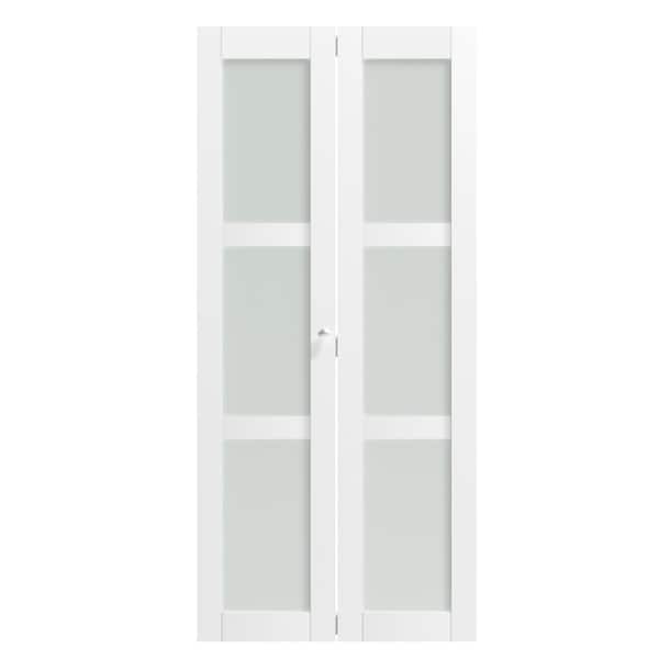 36 in. x 80 in. 3-Panel Frosted Glass Solid MDF Core White Finished MDF Bi-Fold Doors With Hardware