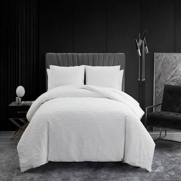 VERA WANG Abstract Crinkle 3-Piece White Cotton Blend Queen Duvet Cover Set