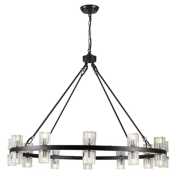 24-Light 40.55 in. Matte Black Modern Round Crystal Cup Style Wagon Wheel Chandelier For Dining Room Living Room