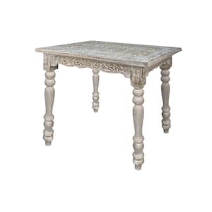 18 in. Antique White Rectangular Wooden Side Table with Carved Top and Turned Legs