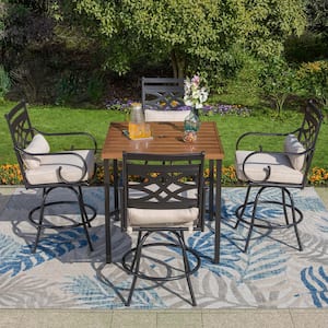 5-Piece Metal Patio Bar Height Outdoor Dining Set with Squre Table with Beige Cushions