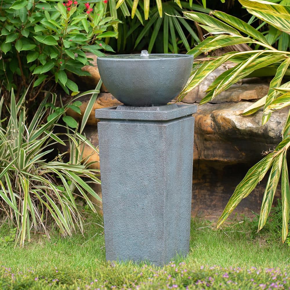35.4 in. Polyresin Gray Zen Bowl Bird Bath Water Fountain, Outdoor