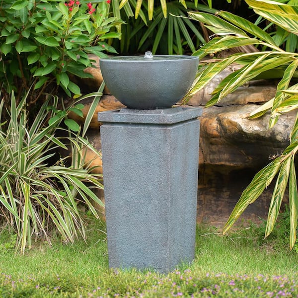 35.4 in. Polyresin Gray Zen Bowl Bird Bath Water Fountain, Outdoor Bird Feeder for Garden
