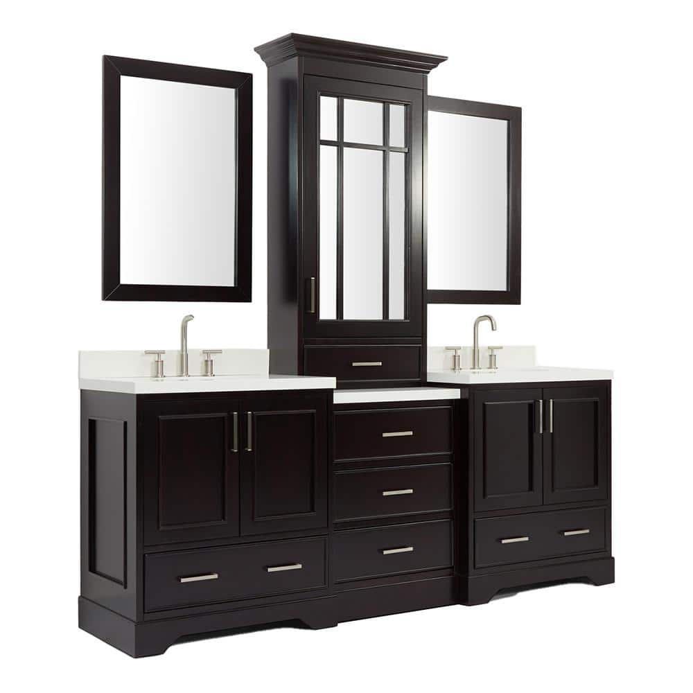 Espresso Double Sink Vanity Set with White Quartz Top and Mirrors