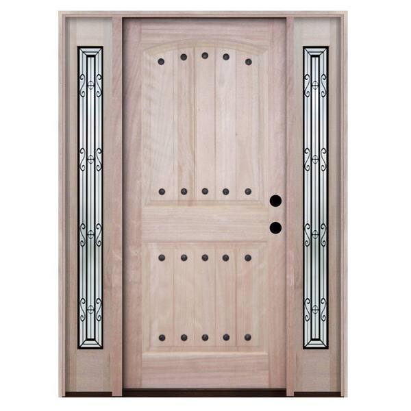 Steves & Sons 64 in. x 80 in. Rustic 2-Panel Plank Unfinished Mahogany Wood Prehung Front Door with Sidelites