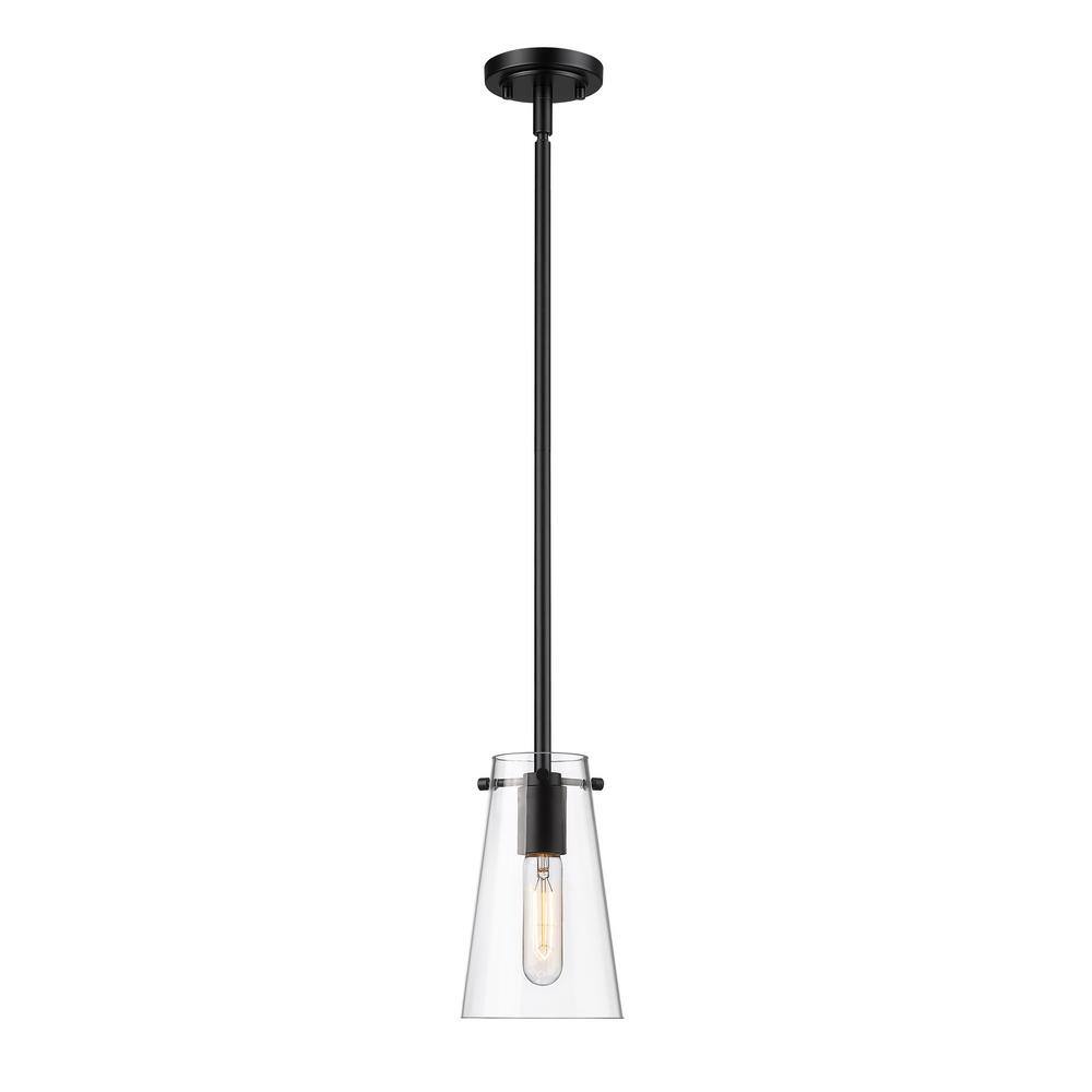 Kira 5 in. 1-Light Matte Black Shaded Pendant Light with Clear Glass Shade,