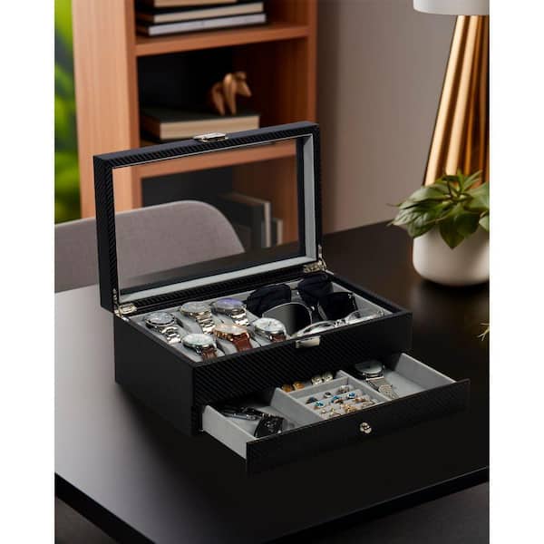 6-Slot Watch Box with 3 Sunglass Slots-Glass Lid Jewelry Organizer