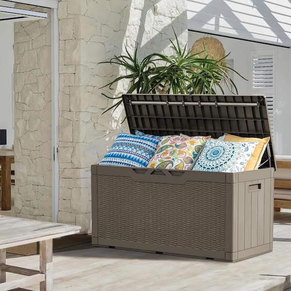 Unbranded - 100 Gal. Light Coffee Resin Deck Box with Cushions for Garden Tools, Patio Furniture Pillows, and Pool Supplies