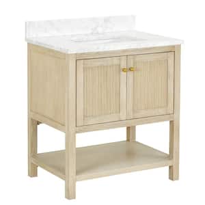 Arcott 31 in W x 22 in D x 35 in H Single Sink Fluted Bath Vanity in Natural Wood With Carrara Marble Top
