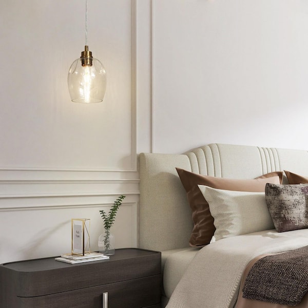 Transitional Kitchen Island Pendant Light 1-Light Plating Brass Bell Pendant Light with Textured Glass Shade