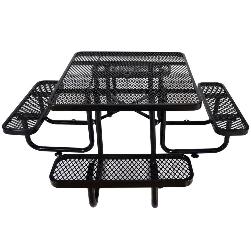 Afoxsos 46 in. Black Square Outdoor Steel Picnic Table with Umbrella Pole