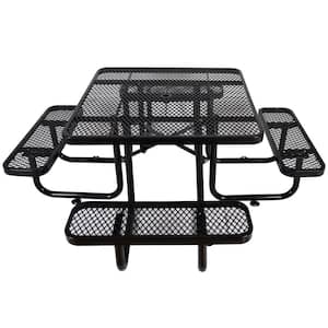 46 in. Black Square Outdoor Steel Picnic Table with Umbrella Pole