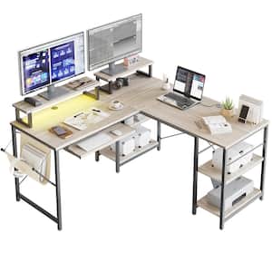 L-Shaped Desk LED 95.2 in. Computer Corner Desk with Keyboard Tray Monitor Stand Wash White