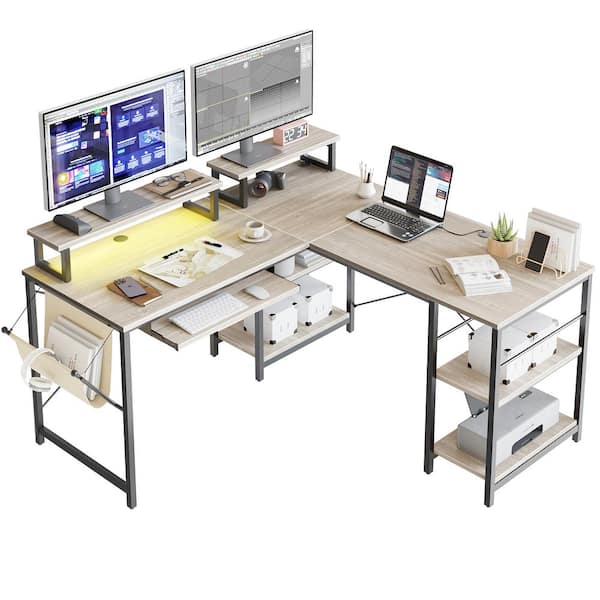 Bestier L-Shaped Desk LED 95.2 in. Computer Corner Desk with Keyboard Tray Monitor Stand Wash White