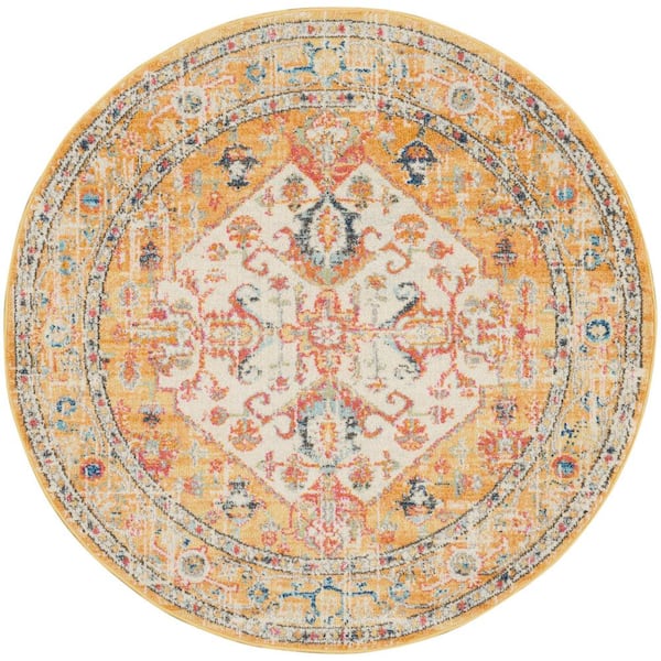 Passion Ivory/Yellow 4 ft. x 4 ft. Persian Medallion Transitional Round Area Rug