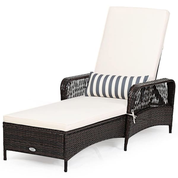 Alpulon Brown Wicker Outdoor Patio Chaise Lounge with White Cushions