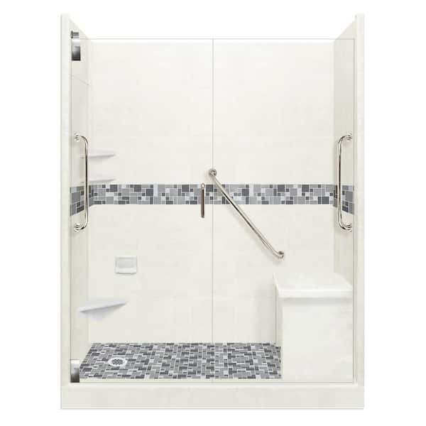 American Bath Factory Newport Freedom Grand Hinged 30 in. x 60 in. x 80 in. Left Drain Alcove Shower Kit in Natural Buff and Satin Nickel